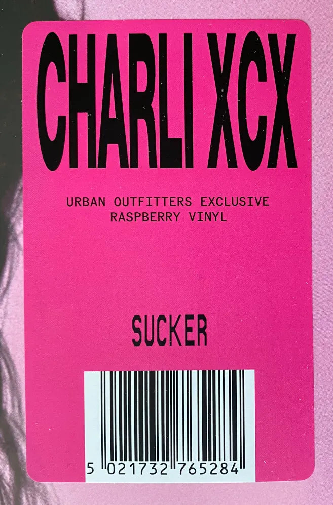 hype sticker which reads charli xcx urban outfitters ecxlusive raspberry vinyl SUCKER. Barcode UPC 5021732765284.