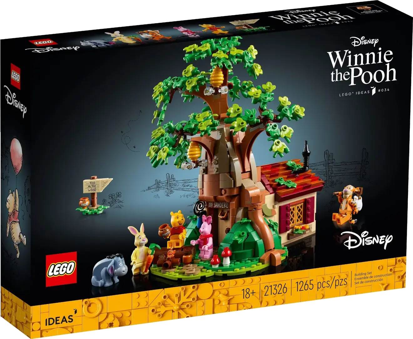 LEGO 21326 Winnie the Pooh set packaging with characters and treehouse design.