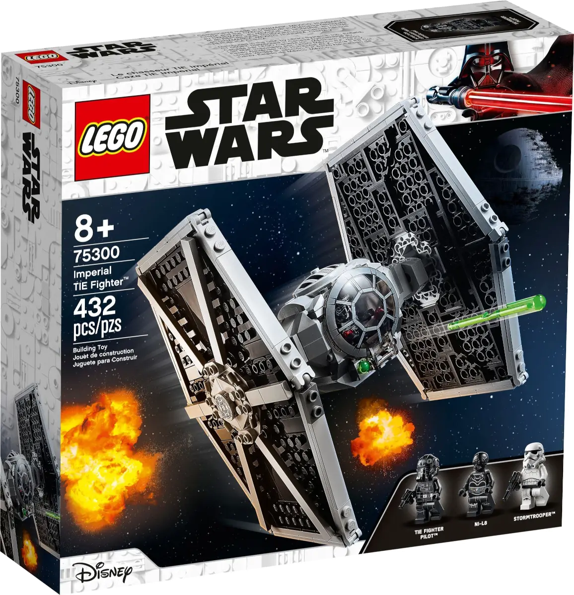 LEGO Star Wars 75300 Imperial TIE Fighter set packaging with LEGO logo and product details. Ages 8+, 432 pieces, 3 mini-figures.