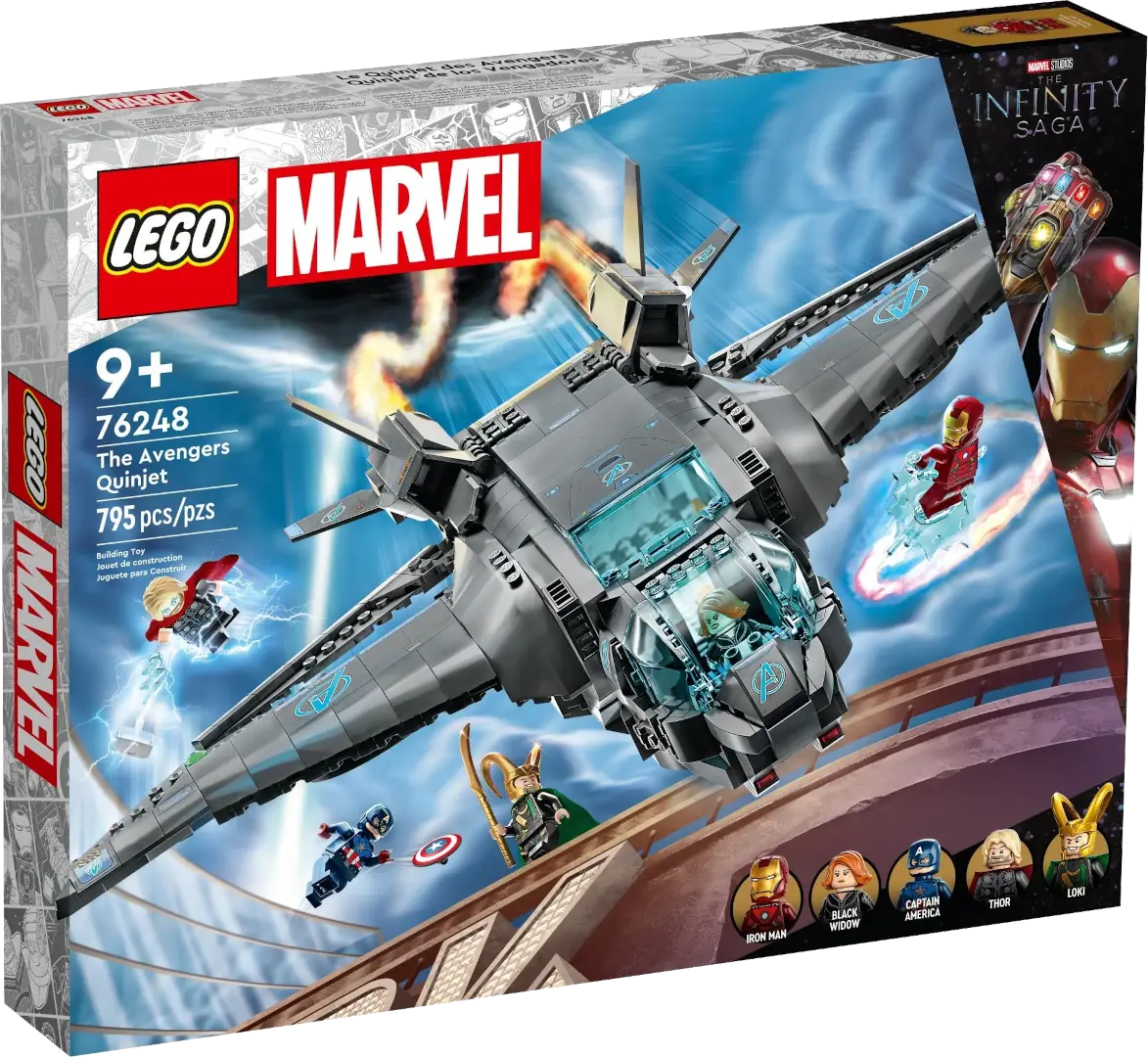 LEGO 76248 Marvel Avengers Quinjet set packaging with character minifigures and the jet animated on a blue sky background.