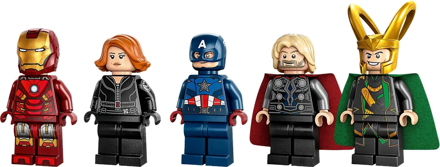 Five LEGO minifigures included in Set 76248 of Iron Man, Black Widow, Captain America, Thor, and Loki in a row.