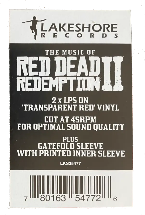 hype sticker that reads: lakeshore records. the music of red dead redemption 2. 2 LPs on Transparent Red Vinyl. Cut at 45RPM for optimal sound quality. Gatefold sleeve with printed inner sleeve. LKS35477. UPC 780163547726.