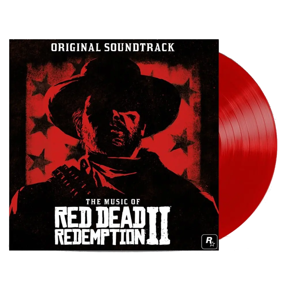 Vinyl record cover for 'The Music Of Red Dead Redemption II' original soundtrack featuring a silhouette of a man in a hat against a red starry background. The red vinyl is shown as well.
