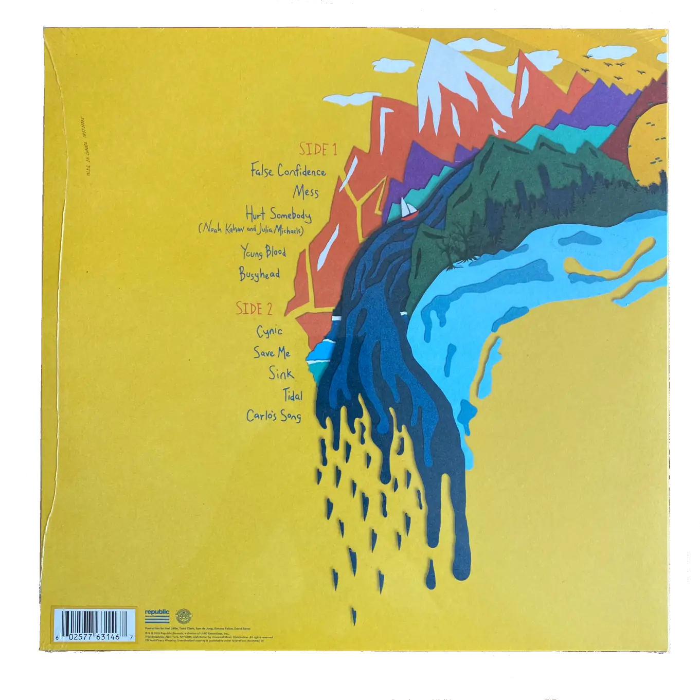 Back cover of Noah Kahan's album Busyhead. Shows a colorful mountain and river design on a yellow background. Includes tracklist and barcode UPC 602577631467.