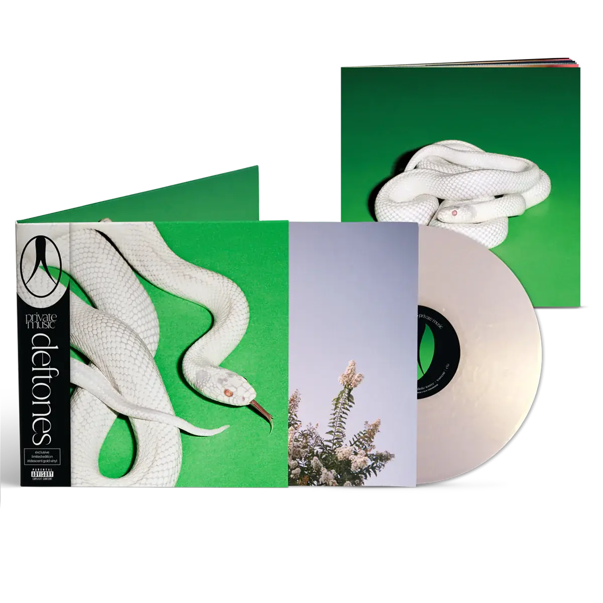 Deftones Private Music gatefold vinyl green cover featuring a snake, showcasing iridescent gold vinyl coming out of sleeve.