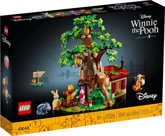 LEGO 21326 Winnie the Pooh set packaging with characters and treehouse design.