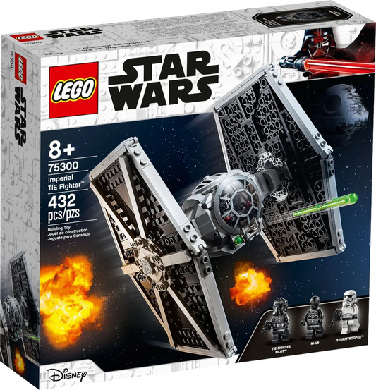 LEGO Star Wars 75300 Imperial TIE Fighter set packaging with LEGO logo and product details.  Ages 8+, 432 pieces, 3 mini-figures.