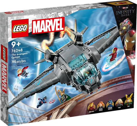 LEGO 76248 Marvel Avengers Quinjet set packaging with character minifigures and the jet animated on a blue sky background.