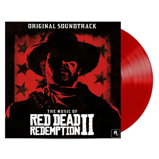 Vinyl record cover for 'The Music Of Red Dead Redemption II' original soundtrack featuring a silhouette of a man in a hat against a red starry background. The red vinyl is shown as well.