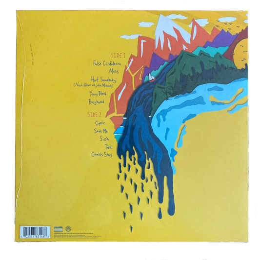 Back cover of Noah Kahan's album Busyhead.  Shows a colorful mountain and river design on a yellow background. Includes tracklist and barcode UPC 602577631467.