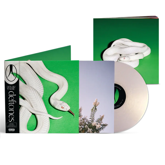 Deftones Private Music gatefold vinyl green cover featuring a snake, showcasing iridescent gold vinyl coming out of sleeve.